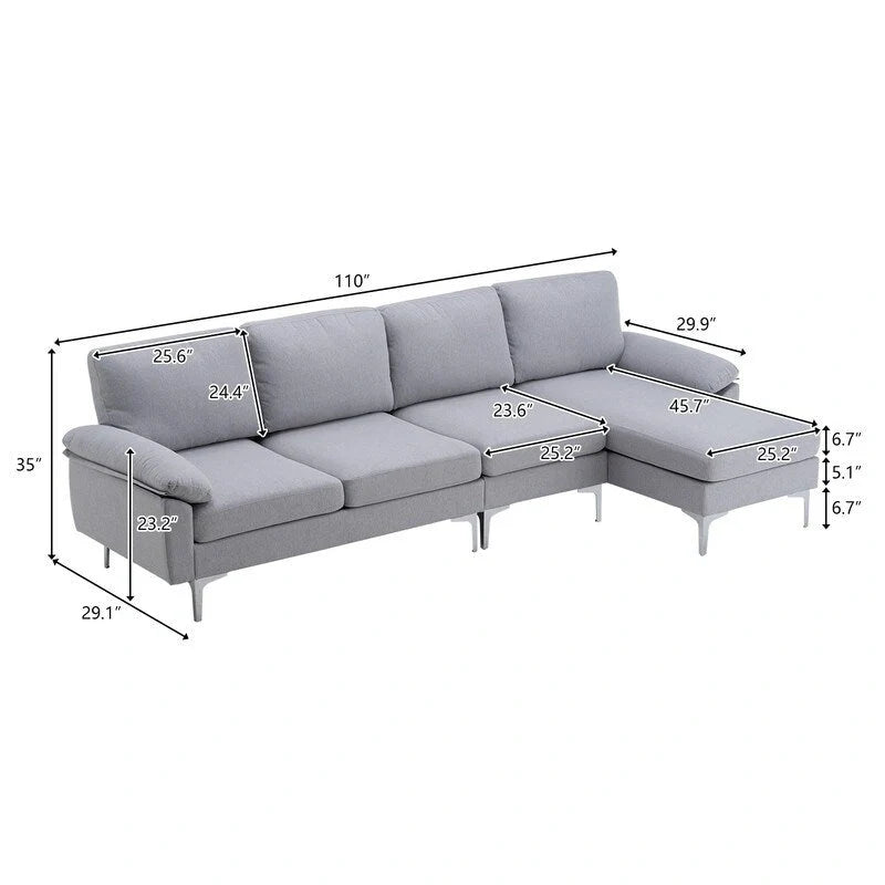 110" L-Shaped Modular Sofa with Chaise and Iron Legs - Seats 4, Upholstered Fabric 8