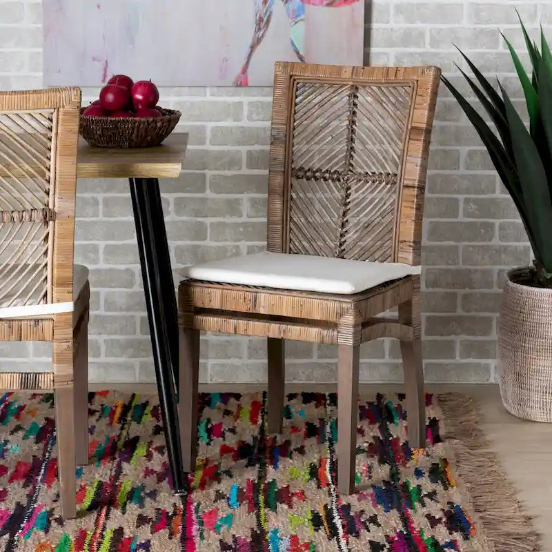 Laluna Contemporary Bohemian Rattan and Mahogany Dining Chair with Cushion 1