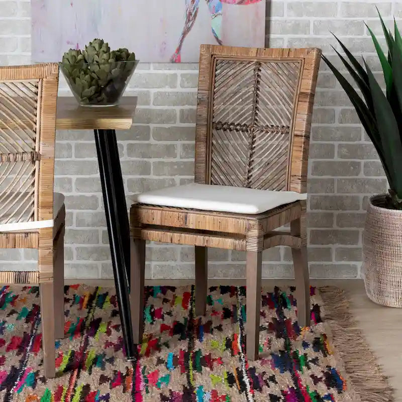 Laluna Contemporary Bohemian Rattan and Mahogany Dining Chair with Cushion 9