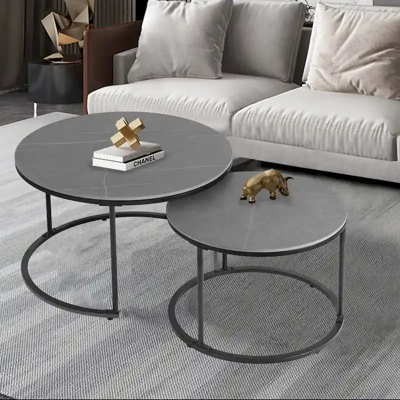 Round Sintered Stone Top Nesting Coffee Table with Black Metal Frame - 31.5 x 17.7 Inches 9