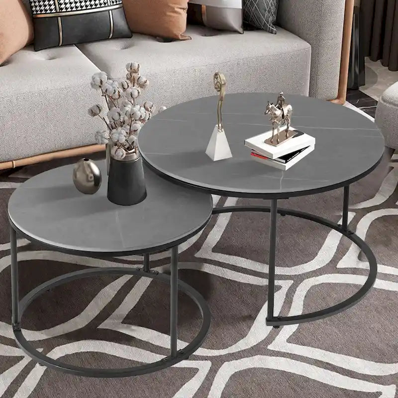 Round Sintered Stone Top Nesting Coffee Table with Black Metal Frame - 31.5 x 17.7 Inches 1