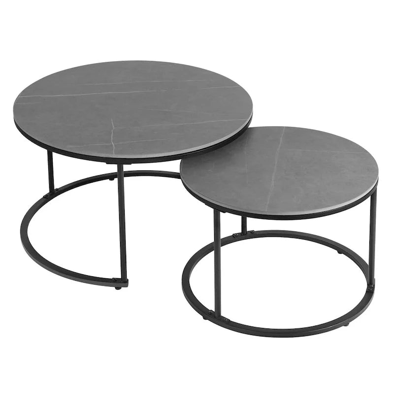 Round Sintered Stone Top Nesting Coffee Table with Black Metal Frame - 31.5 x 17.7 Inches 3