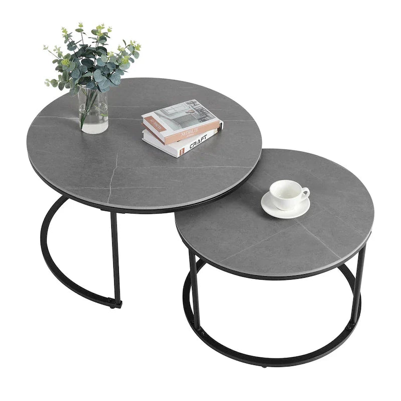 Round Sintered Stone Top Nesting Coffee Table with Black Metal Frame - 31.5 x 17.7 Inches 4