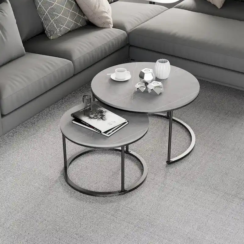 Round Sintered Stone Top Nesting Coffee Table with Black Metal Frame - 31.5 x 17.7 Inches 5
