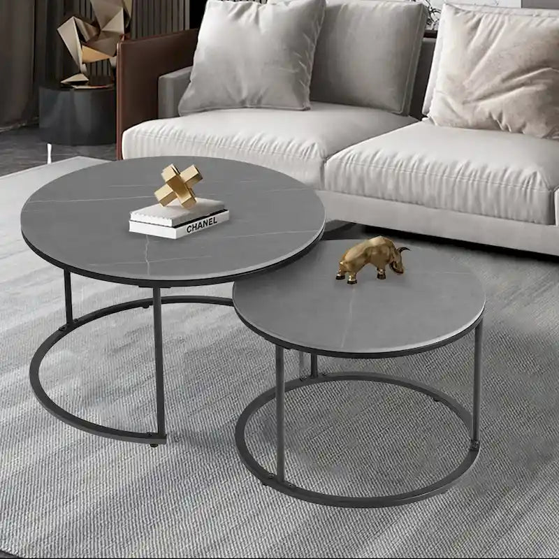Round Sintered Stone Top Nesting Coffee Table with Black Metal Frame - 31.5 x 17.7 Inches 6