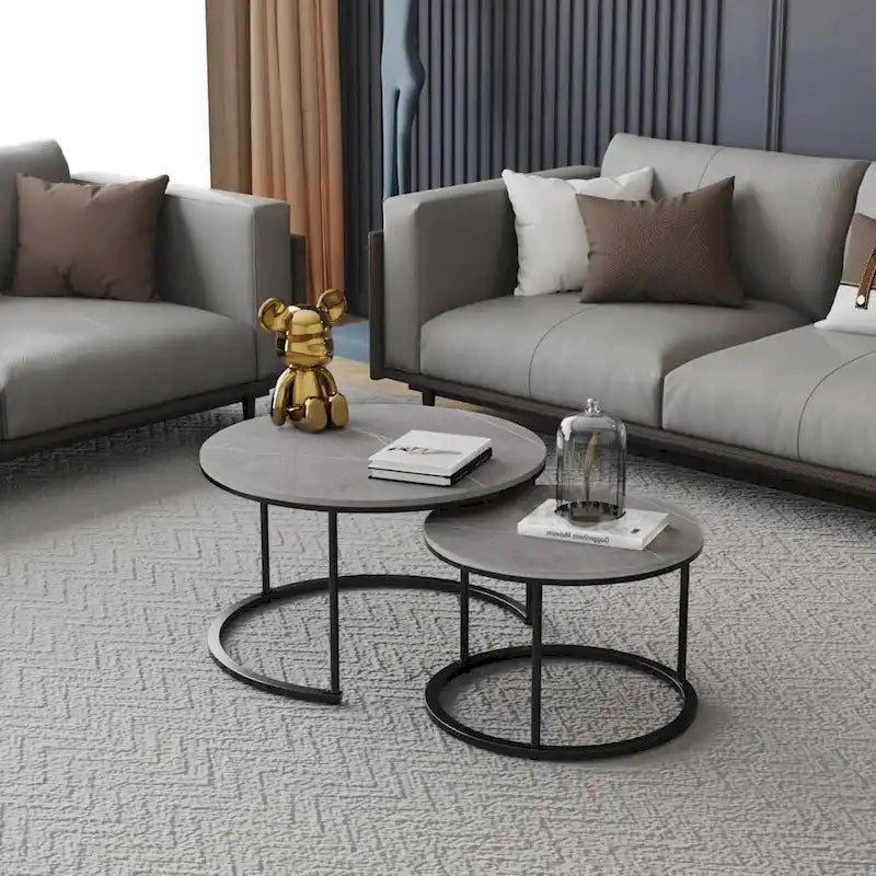 Round Sintered Stone Top Nesting Coffee Table with Black Metal Frame - 31.5 x 17.7 Inches 8