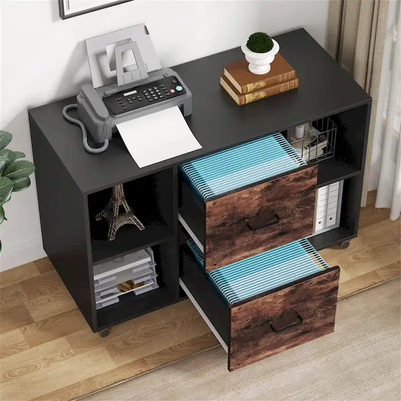 Contemporary Black and White File Cabinet with 2 Drawers and 4 Open Shelves - Stylish Wood Office Storage Solution 13