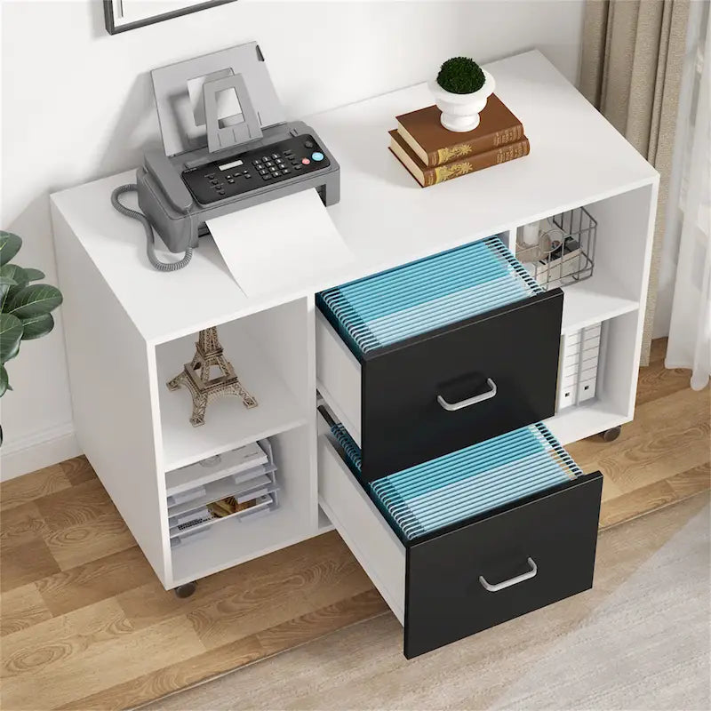 Contemporary Black and White File Cabinet with 2 Drawers and 4 Open Shelves - Stylish Wood Office Storage Solution 14