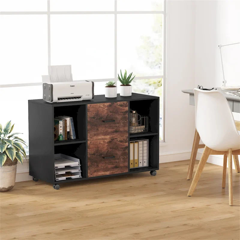 Contemporary Black and White File Cabinet with 2 Drawers and 4 Open Shelves - Stylish Wood Office Storage Solution 2