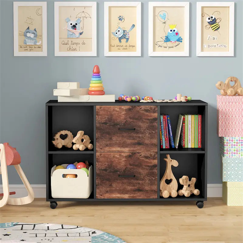 Contemporary Black and White File Cabinet with 2 Drawers and 4 Open Shelves - Stylish Wood Office Storage Solution 3