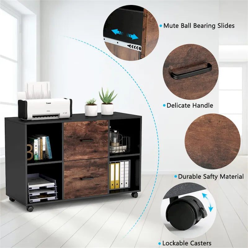 Contemporary Black and White File Cabinet with 2 Drawers and 4 Open Shelves - Stylish Wood Office Storage Solution 4