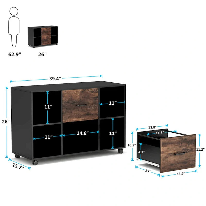 Contemporary Black and White File Cabinet with 2 Drawers and 4 Open Shelves - Stylish Wood Office Storage Solution 5