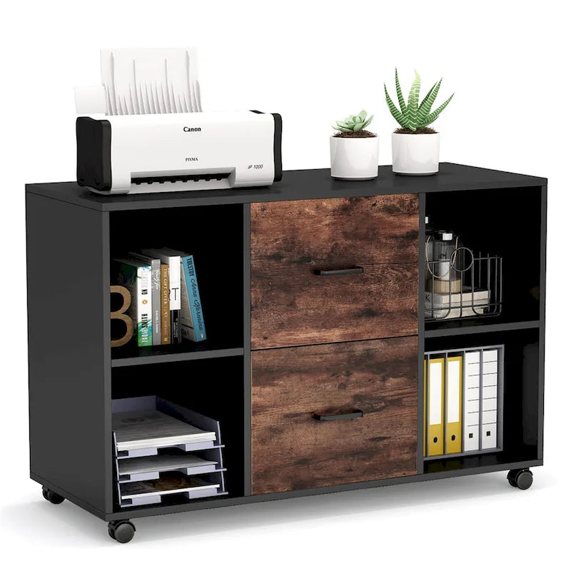 Contemporary Black and White File Cabinet with 2 Drawers and 4 Open Shelves - Stylish Wood Office Storage Solution 6