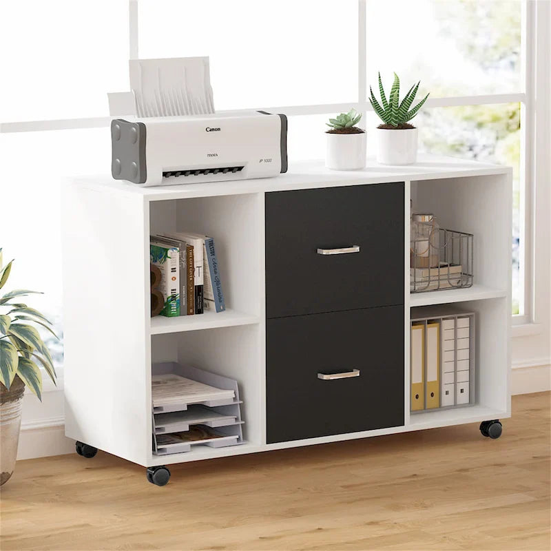 Contemporary Black and White File Cabinet with 2 Drawers and 4 Open Shelves - Stylish Wood Office Storage Solution 8