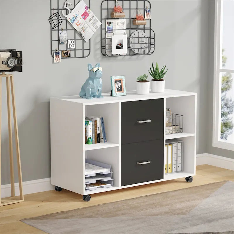 Contemporary Black and White File Cabinet with 2 Drawers and 4 Open Shelves - Stylish Wood Office Storage Solution 9