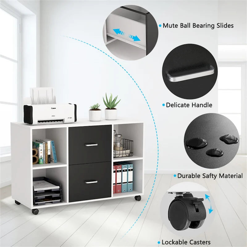 Contemporary Black and White File Cabinet with 2 Drawers and 4 Open Shelves - Stylish Wood Office Storage Solution 10