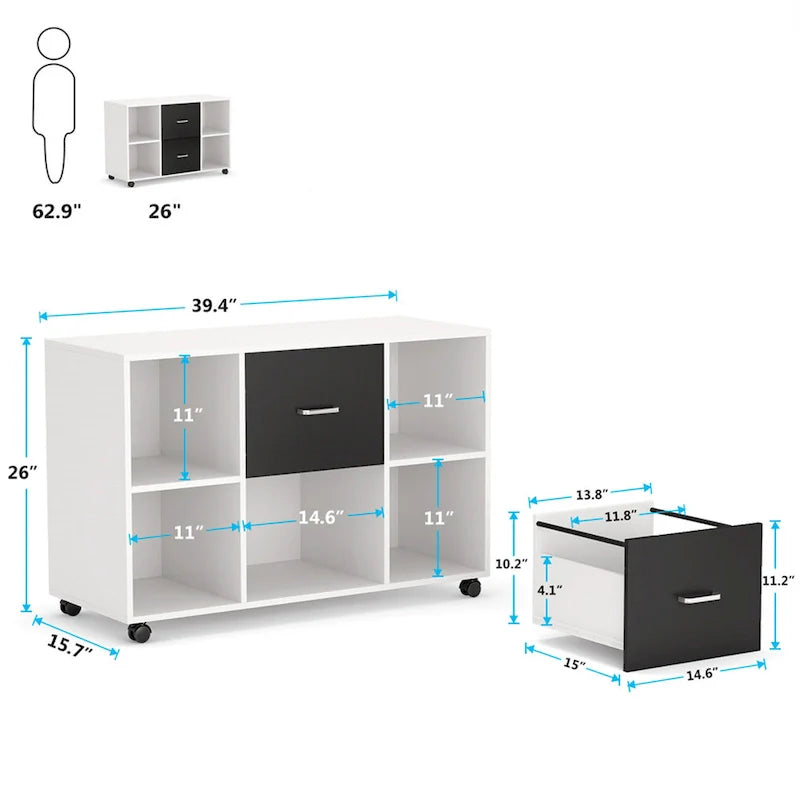 Contemporary Black and White File Cabinet with 2 Drawers and 4 Open Shelves - Stylish Wood Office Storage Solution 11