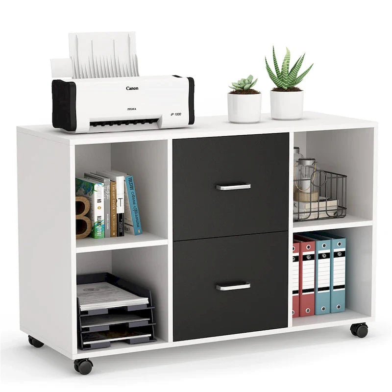 Contemporary Black and White File Cabinet with 2 Drawers and 4 Open Shelves - Stylish Wood Office Storage Solution 12