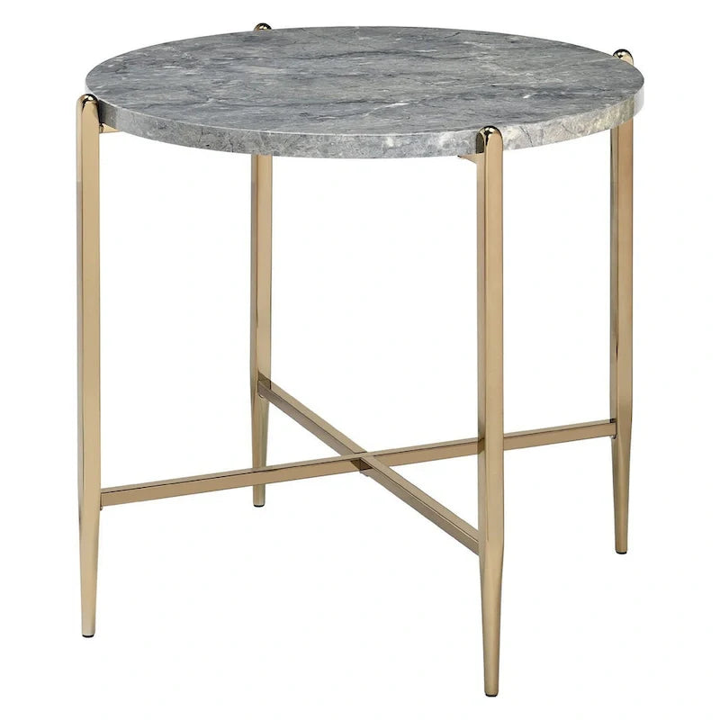 Gray and Gold End Table with Oval Marble Top and X-Shaped Base 1