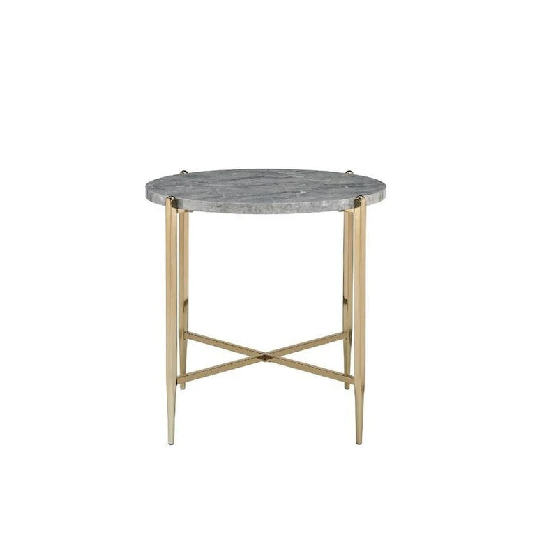 Gray and Gold End Table with Oval Marble Top and X-Shaped Base 2