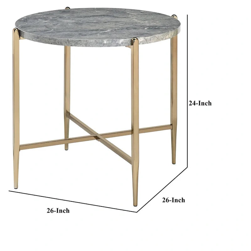 Gray and Gold End Table with Oval Marble Top and X-Shaped Base 5