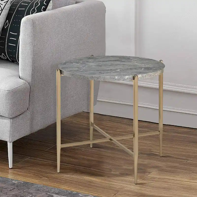 Gray and Gold End Table with Oval Marble Top and X-Shaped Base 6