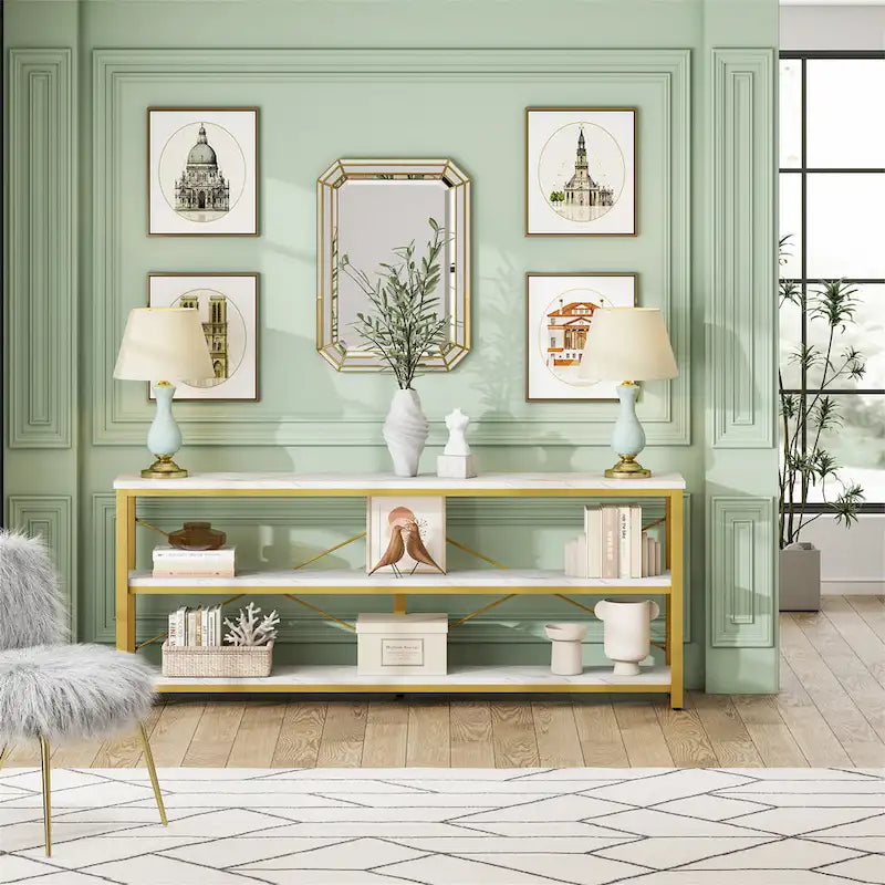 Extended Console Sofa Table with Metal Frame for Entryway - 3-Tier TV Stand 13