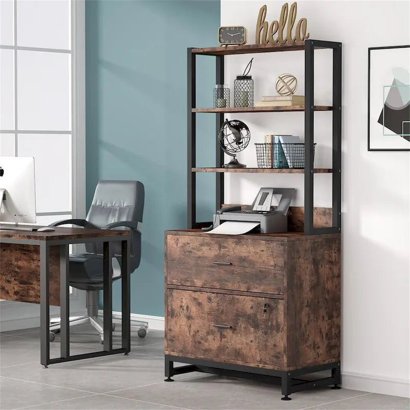 4-Tier Tall File Cabinet in Brown/Black with Lock - Versatile Shelf Unit for Storage and Organization 13