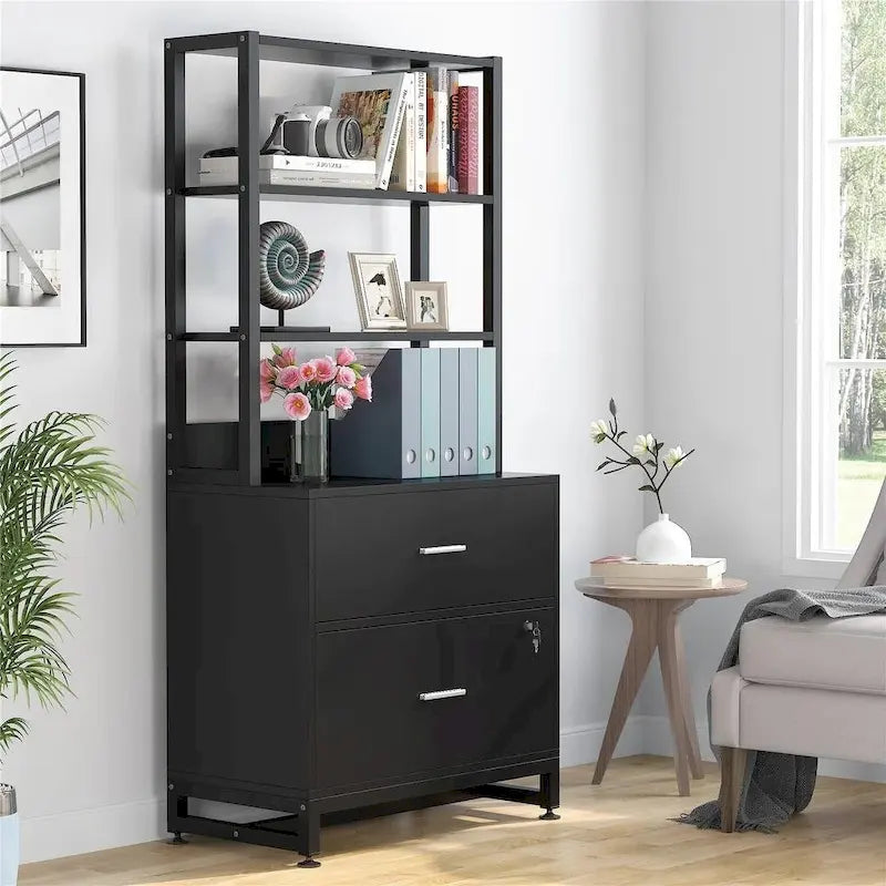 4-Tier Tall File Cabinet in Brown/Black with Lock - Versatile Shelf Unit for Storage and Organization 1