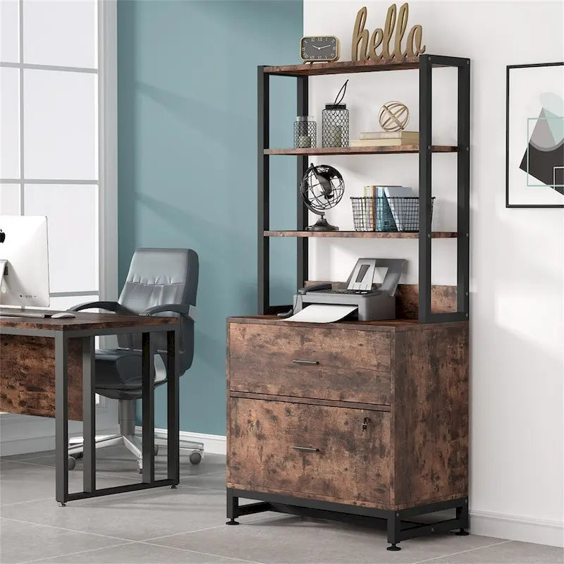 4-Tier Tall File Cabinet in Brown/Black with Lock - Versatile Shelf Unit for Storage and Organization 5