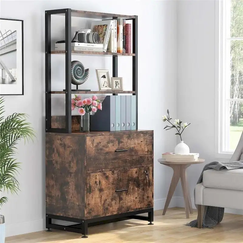 4-Tier Tall File Cabinet in Brown/Black with Lock - Versatile Shelf Unit for Storage and Organization 6