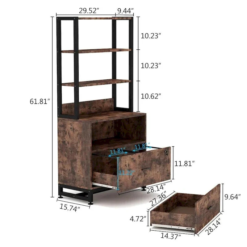 4-Tier Tall File Cabinet in Brown/Black with Lock - Versatile Shelf Unit for Storage and Organization 7