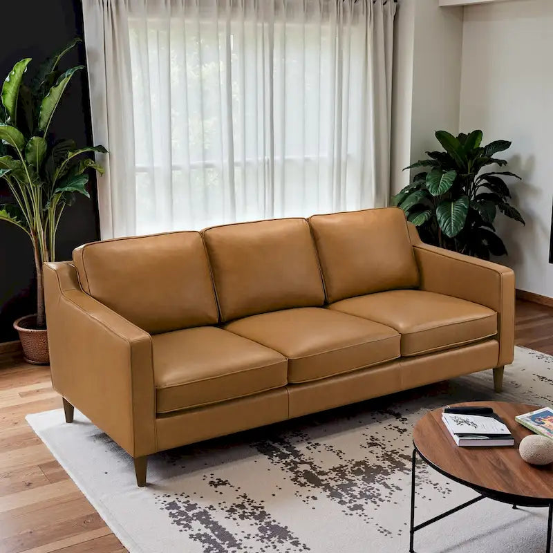 Cognac Tan Genuine Leather Mid-Century Modern Couches by Madeline 1