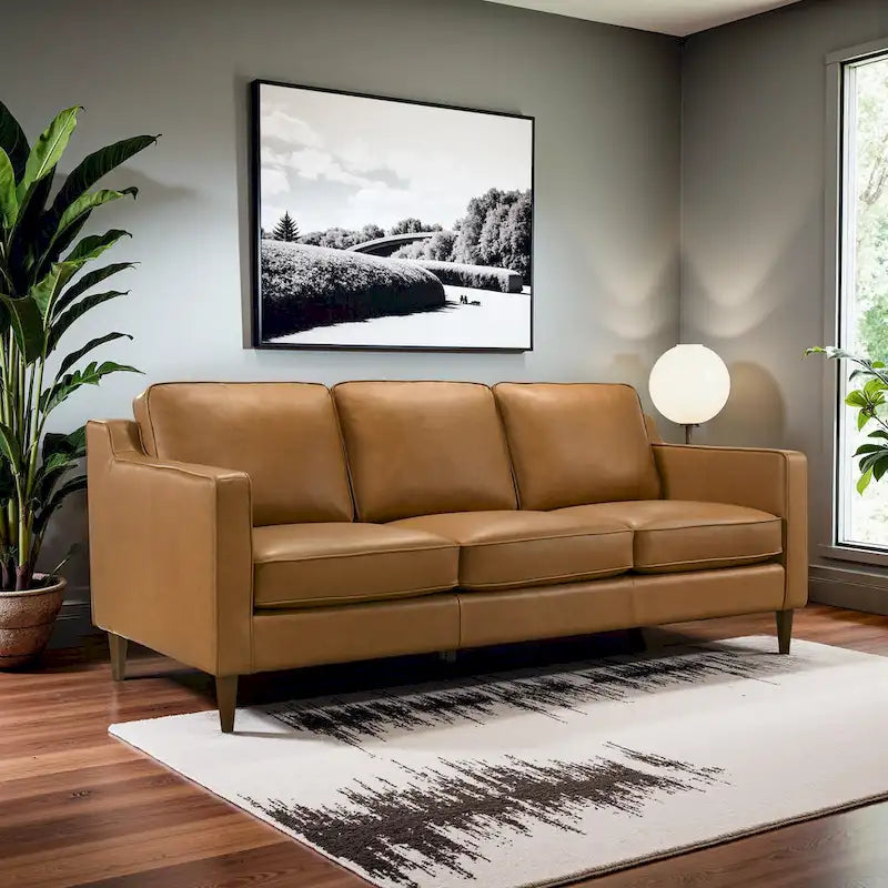 Cognac Tan Genuine Leather Mid-Century Modern Couches by Madeline 3