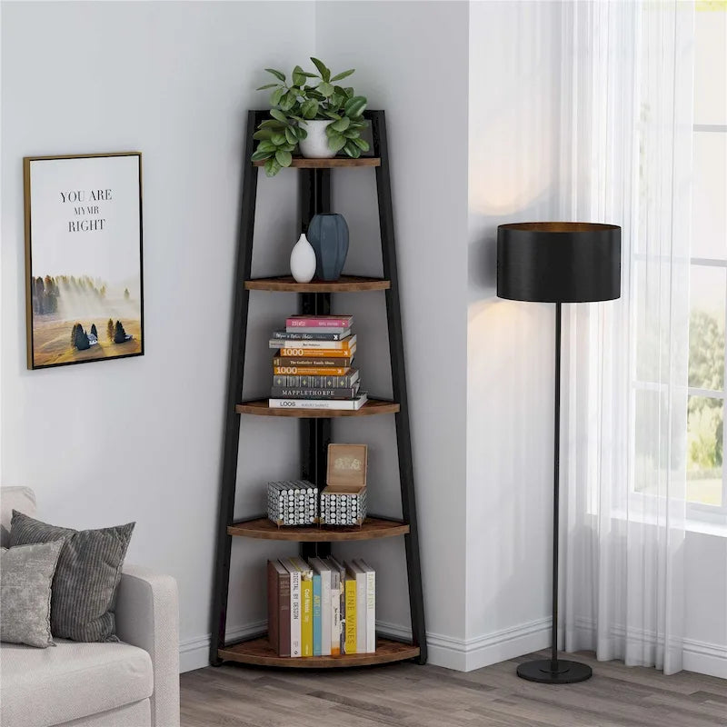 Rustic Brown 5-Tier Corner Shelf Storage Tower for Bathroom 23