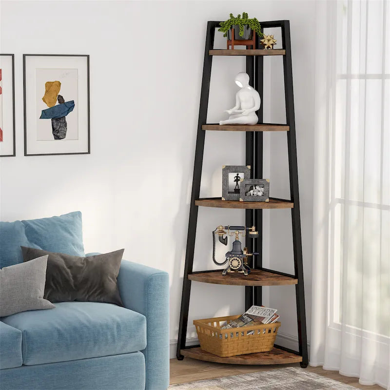Rustic Brown 5-Tier Corner Shelf Storage Tower for Bathroom 28