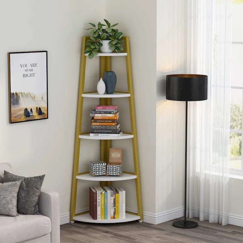 Rustic Brown 5-Tier Corner Shelf Storage Tower for Bathroom 1