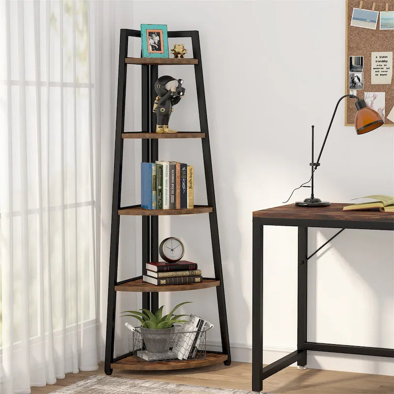 Rustic Brown 5-Tier Corner Shelf Storage Tower for Bathroom 14