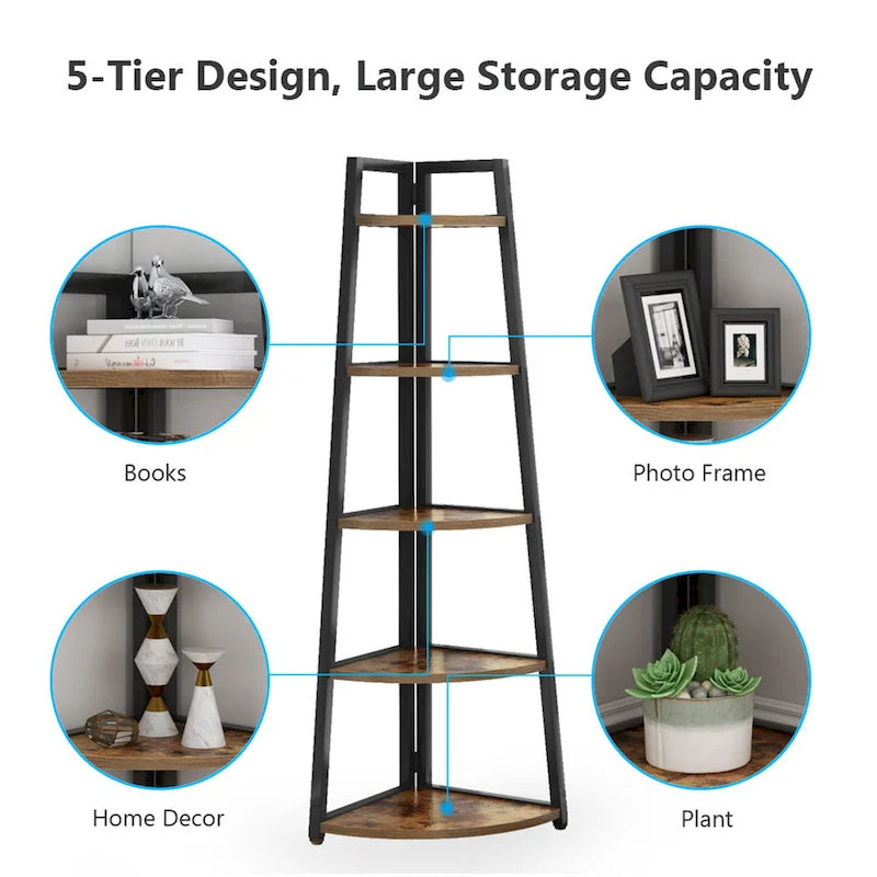 Rustic Brown 5-Tier Corner Shelf Storage Tower for Bathroom 15