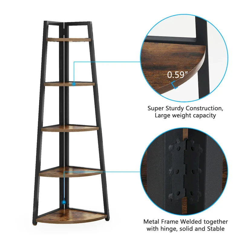 Rustic Brown 5-Tier Corner Shelf Storage Tower for Bathroom 16