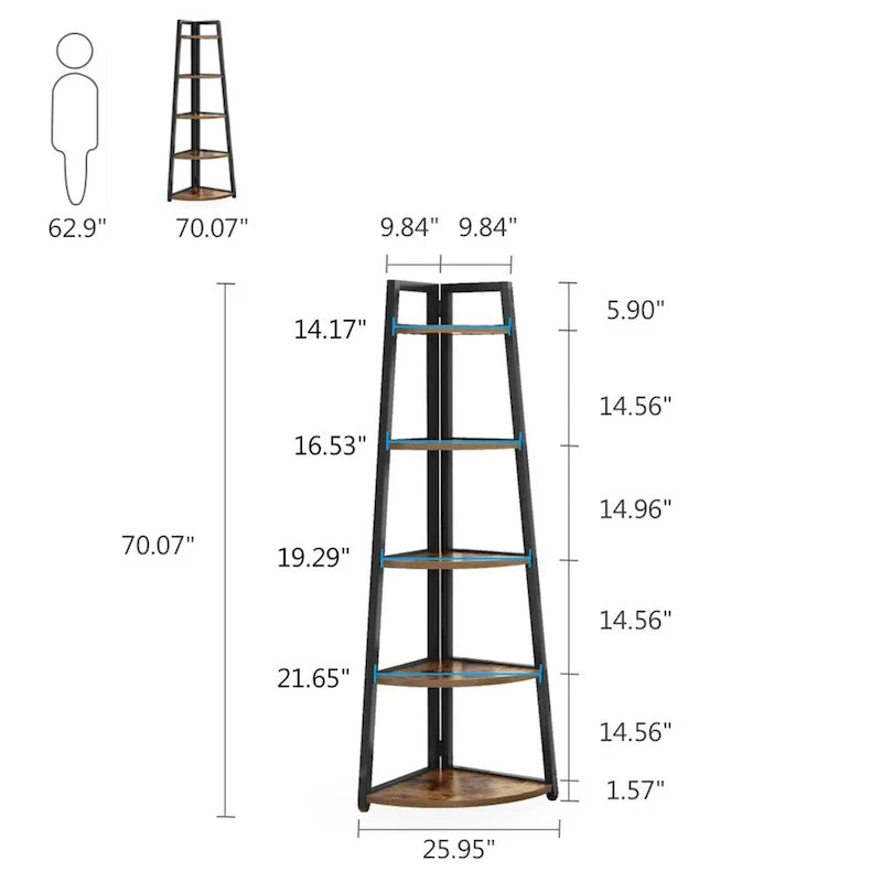 Rustic Brown 5-Tier Corner Shelf Storage Tower for Bathroom 17
