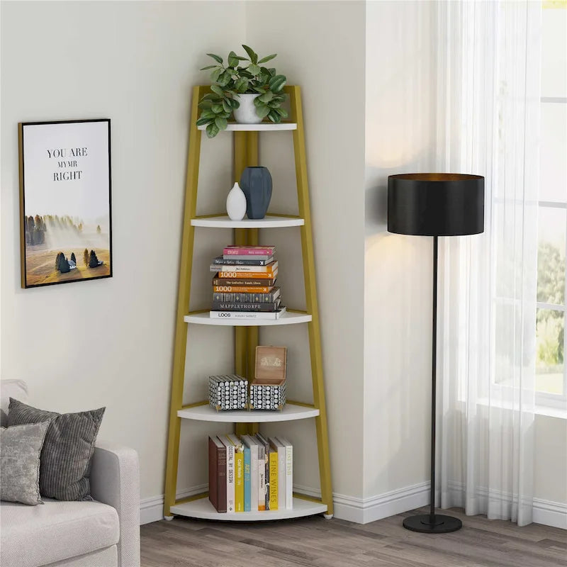 Rustic Brown 5-Tier Corner Shelf Storage Tower for Bathroom 19