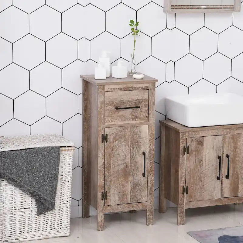 Kleankin Barnwood Bathroom Floor Cabinet with Drawer and Adjustable Shelf - Versatile Storage for Entryway or Living Room 1