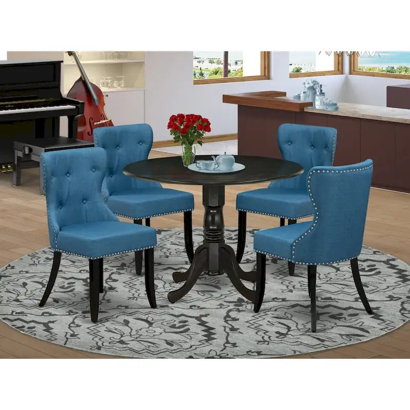 East West Furniture Round Kitchen Table Set - Black Wire-Brushed Finish with Blue Linen Chairs (Multiple Piece Options) 1