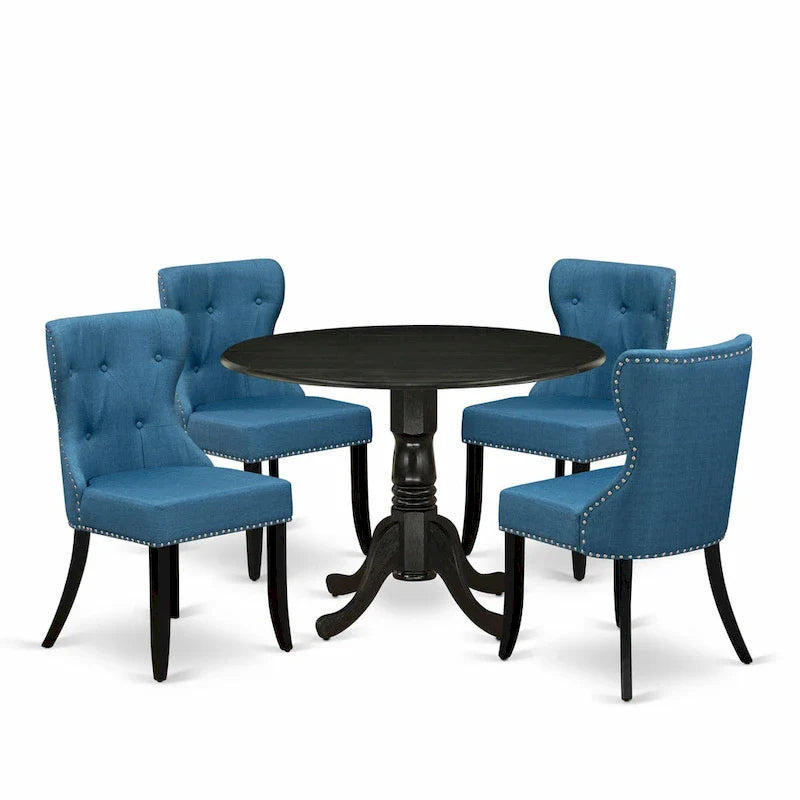 East West Furniture Round Kitchen Table Set - Black Wire-Brushed Finish with Blue Linen Chairs (Multiple Piece Options) 2