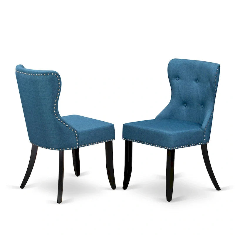 East West Furniture Round Kitchen Table Set - Black Wire-Brushed Finish with Blue Linen Chairs (Multiple Piece Options) 5