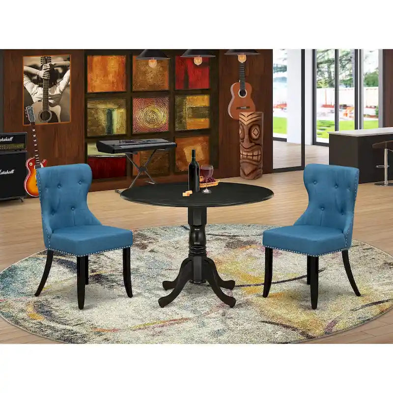 East West Furniture Round Kitchen Table Set - Black Wire-Brushed Finish with Blue Linen Chairs (Multiple Piece Options) 12