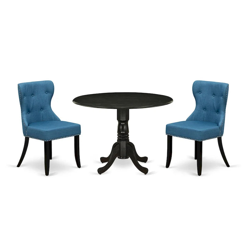 East West Furniture Round Kitchen Table Set - Black Wire-Brushed Finish with Blue Linen Chairs (Multiple Piece Options) 13