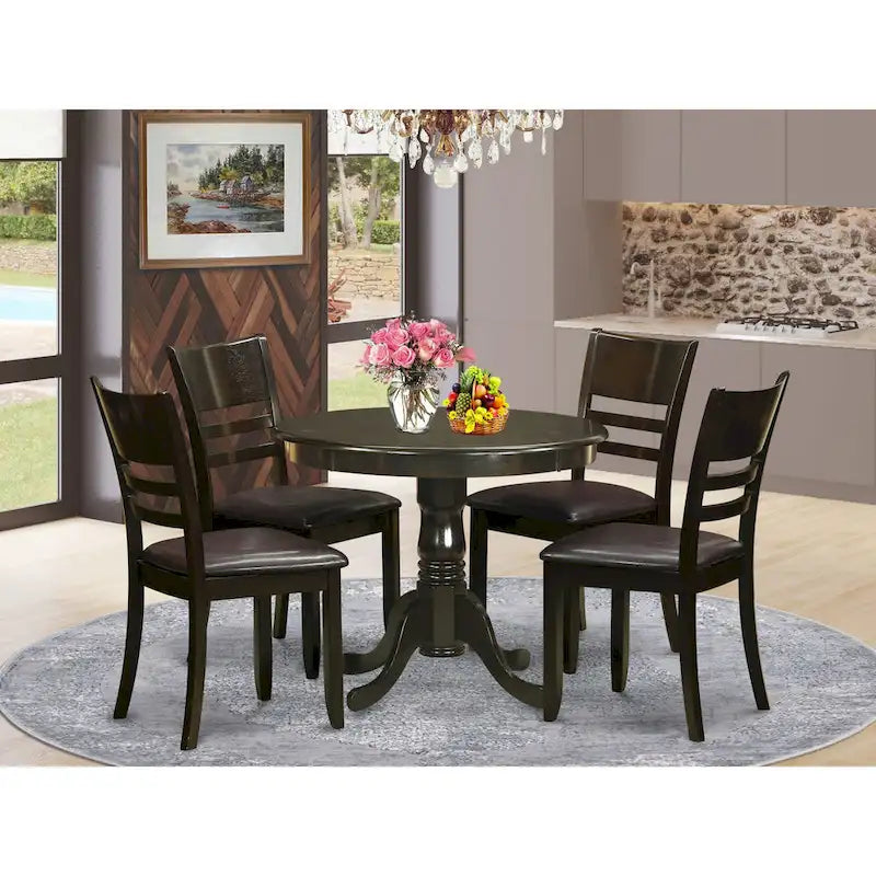 East West Furniture 5-Piece Round Dining Set - Cappuccino Kitchen Table with 4 Chairs (Seat Options Available) 1