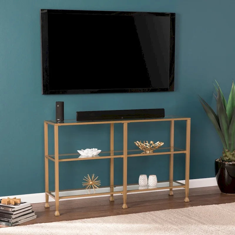 Jensen Gold Metal Console Table with Glass Shelves by SEI Furniture - Narrow Design 1